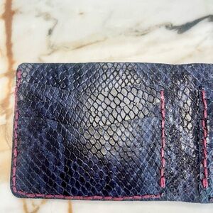 One of a kind Blue Embossed Snakeskin Cowhide Leather Wallet with Red Stitching